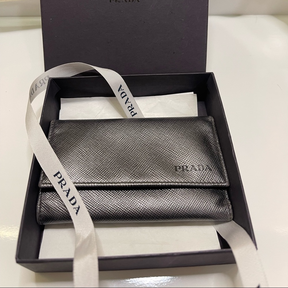 Prada Gunmetal Saffiano Key Holder / Card Tri-Fold Organizer Unisex
